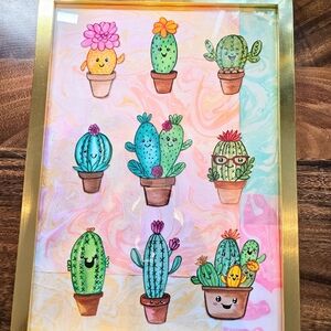 Framed Watercolor cactus succulent painting on Suminagashi Marbling Paper